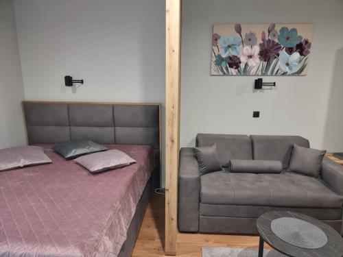 a bedroom with a bed and a couch at Apartman "PUZZLE" Bela Reka, Brzeće in Brzeće