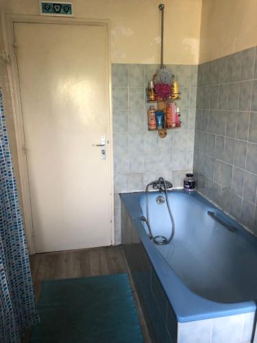 ein Badezimmer mit einer blauen Badewanne und einer weißen Tür in der Unterkunft Maison de ville avec garage in Le Mans