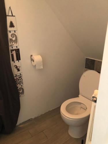 a bathroom with a toilet and a roll of toilet paper at Grande chambre avec salle de bain et WC privés in Pontgouin