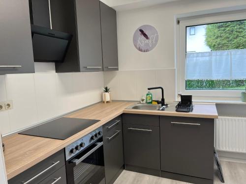 a kitchen with gray cabinets and a sink and a window at Familienglück im Odenwald in Grasellenbach