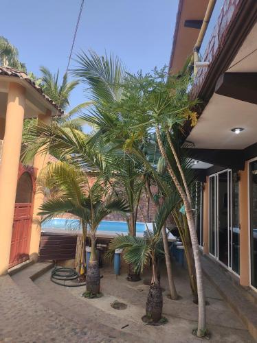a group of palm trees in front of a building at La casita Escondida Acapulco in Acapulco