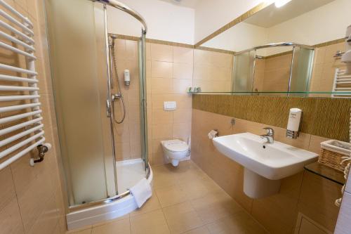 uma casa de banho com um lavatório, um chuveiro e um WC. em Hotel Szelców em Lesko