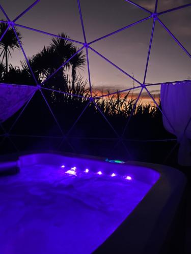 a swimming pool with purple lights at night at Ross Beach TOP10 Holiday Park in Ross