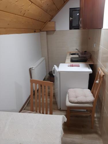 a small kitchen with two chairs and a sink at Vila Kula in Crni Vrh