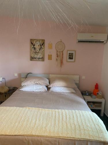 - une chambre avec un grand lit et 2 oreillers dans l'établissement La kaze manguiers, à L'Étang-Salé