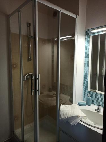 une salle de bain avec douche et lavabo dans l'établissement Charmante villa patio proche de l'océan, à Seignosse