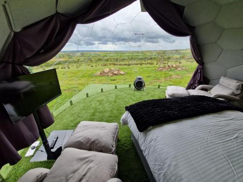 um quarto com duas camas e vista para um campo em Glamping Boutique Domes em Articlave