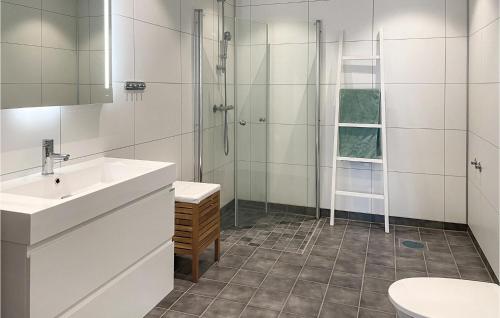 uma casa de banho com um chuveiro, um lavatório e um WC. em Gorgeous Apartment In Rros With Kitchen em Røros