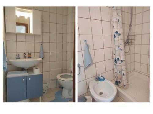 two pictures of a bathroom with a toilet and a sink at Apartman Kameni zid in Jelsa