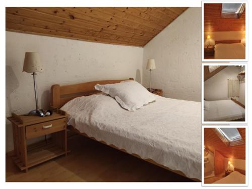 two pictures of a bedroom with a bed and a lamp at Apartman Kameni zid in Jelsa