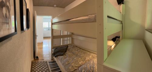 Moderne Ferienwohnung Rhenum mit Wallbox في فالدزهوت-تينغن: غرفة بسريرين بطابقين في غرفة