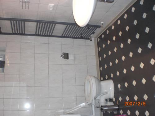 uma casa de banho com WC e uma parede de azulejos brancos em gramelower see em Teschendorf