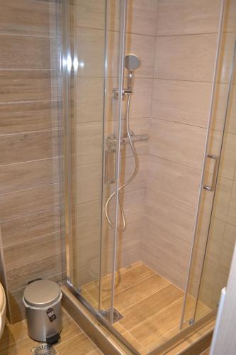 a shower with a glass door and a toilet in a bathroom at Kalamaria brand new 1 bedroom apartment in Thessaloniki