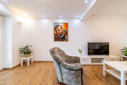 a living room with a chair and a tv at Apartmani Pero Dido in Rab