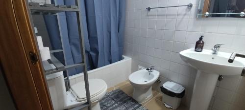 y baño con aseo, lavabo y ducha. en Apartamento Jardins D'Arriaga en Horta
