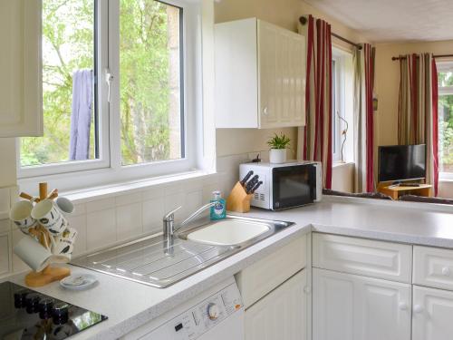 uma cozinha com um lavatório e um micro-ondas em Cairn Rigg em Rothbury