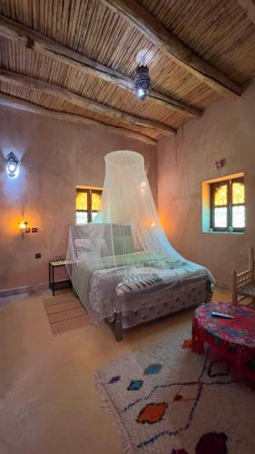 une chambre avec un lit avec moustiquaire dans l'établissement Riad Heermans, à Ouzoud
