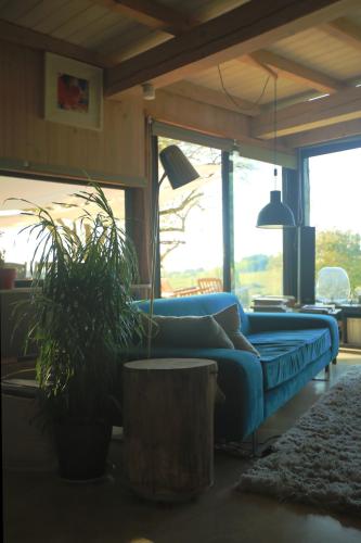 - un canapé bleu dans un salon avec une plante dans l'établissement Maison avec piscine, à Soumensac