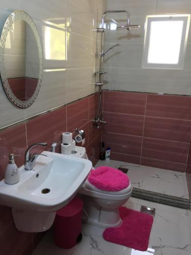 bagno con lavandino, servizi igienici e specchio di بيت العُمري (ام قيس) a Um Qeis
