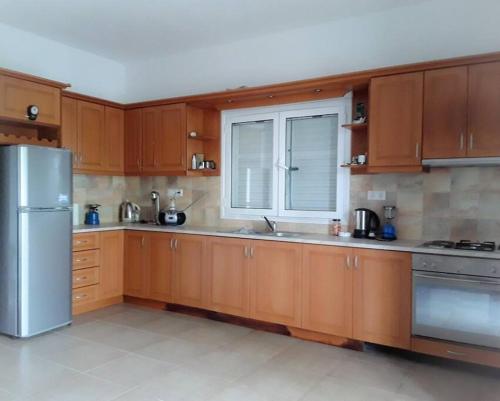 cocina con armarios de madera y nevera de acero inoxidable en Villa Nafsika en Plátonas