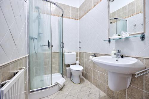 W łazience znajduje się umywalka, prysznic i toaleta. w obiekcie Nimród Vendégház w Hajduszoboszlo