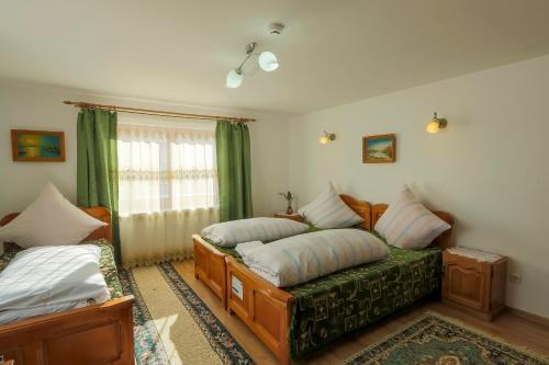 a bedroom with two twin beds and a window at Pensiunea Agroturistica Stefan Viorica in Moldoviţa