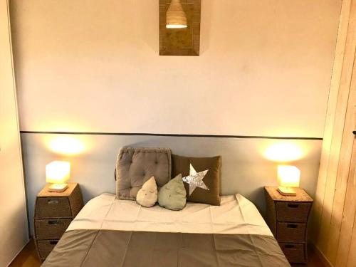 a bed with two pillows on it with two lamps at « Le Vieux Hangar » gîte à la ferme in Le Buisson de Cadouin