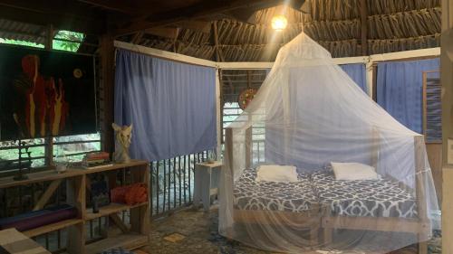 a bedroom with a bed with a mosquito net at Private Beach with a Jungle Loft in Palomino