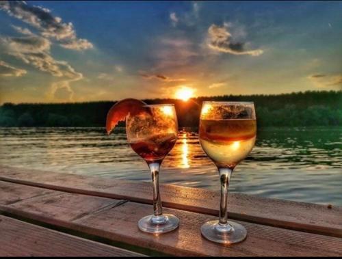 due bicchieri di vino seduti su un molo con il tramonto di Splav kod doktora, Beograd - Umka a Belgrado