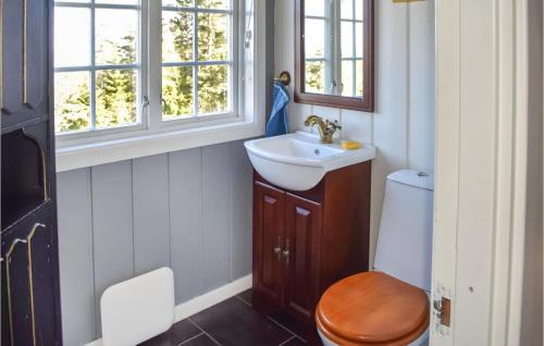 a bathroom with a sink and a toilet and a window at Nice Home In Heggedal With Wifi And 4 Bedrooms 