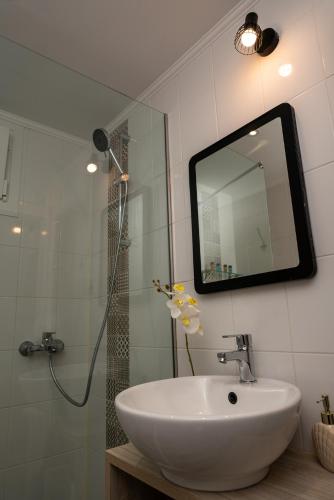 a bathroom with a sink and a shower with a mirror at Casa Di Terra in Pigadhákia