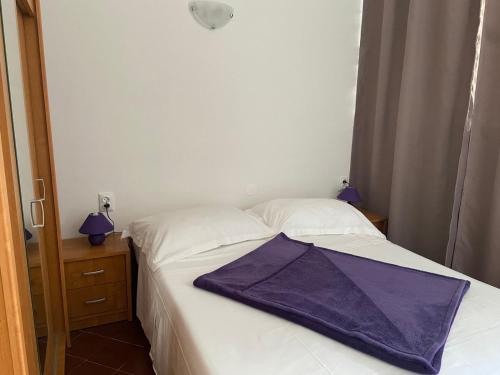 a bedroom with two beds with a purple blanket on it at Guesthouse Klečak in Cavtat
