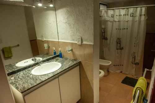 a bathroom with a sink and a shower and a toilet at Complejo BenjaLuna in San Rafael