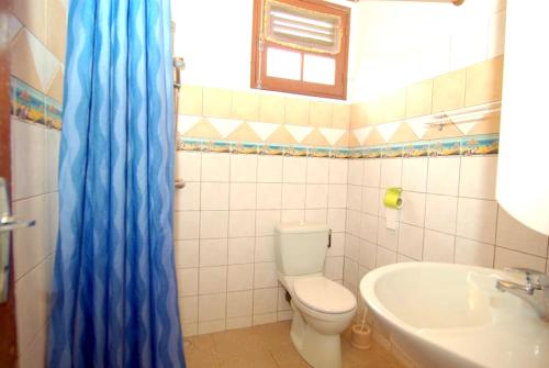 een badkamer met een toilet, een wastafel en een blauw douchegordijn bij Appartement d'une chambre avec jardin clos et wifi a Le Robert a 2 km de la plage in Le Robert