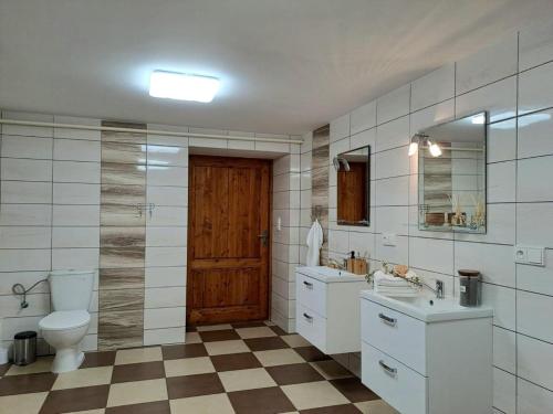 a bathroom with a toilet and a sink and a mirror at Chalupa Lichtenberg/ Světlík in Horní Podluží