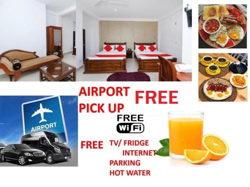 un collage de fotos de una habitación de hotel con un cartel para la recogida en el aeropuerto en KINGS GATE Airport TRANSIT HOTEL en Katunayaka