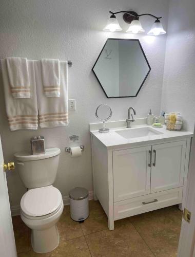 a bathroom with a toilet and a sink and a mirror at Cozy Studio - Apt 1 - Private Entrance in Las Vegas