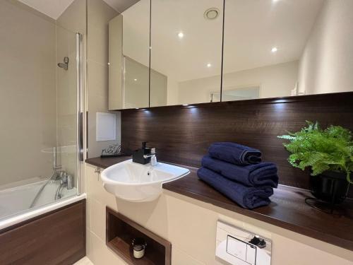 a bathroom with a sink and a mirror and a tub at Modern 2BR 2BA Apt wParking Sleeps 6 Comfortably in London