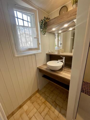 une salle de bain avec un lavabo et une fenêtre dans l'établissement Lou Camillou, à Valvignères