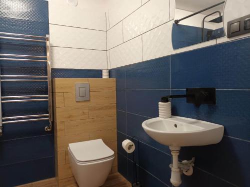 La salle de bains bleue et blanche est pourvue de toilettes et d'un lavabo. dans l'établissement Sielski Zakątek, à Srokowo
