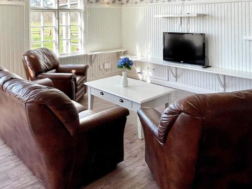 a living room with two leather chairs and a tv at 9 person holiday home in Mörlunda-By Traum in Mörlunda