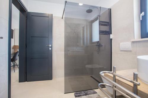 baño con ducha y puerta de cristal en Villa Silvano & Nadija, en Kaštelir
