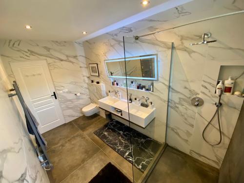 een badkamer met een wastafel en een douche met een spiegel bij Le loft des mimosas proche de cannes in La Roquette-sur-Siagne