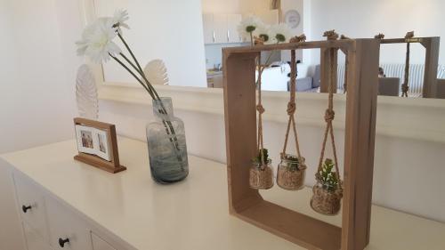 ボルにあるStunning Views | Modern | Walk Everywhere | Bolの鉢植えの棚と鏡のあるカウンター