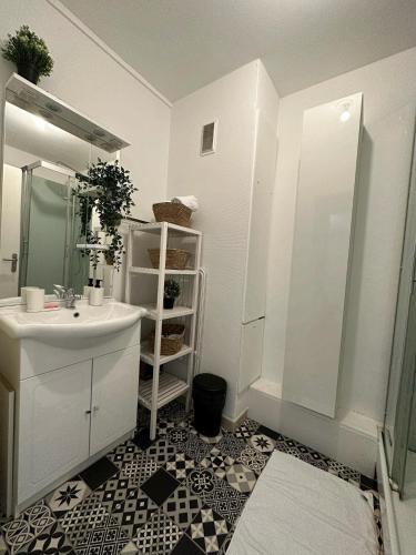 La salle de bains blanche est pourvue d'un lavabo et d'un miroir. dans l'établissement La Loire Paisible - 10mn Centre ville, à Orléans
