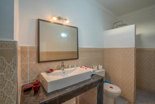 a bathroom with a sink and a toilet and a mirror at Taj Atlas Wellness Boutique Hôtel & Spa in Amizmiz