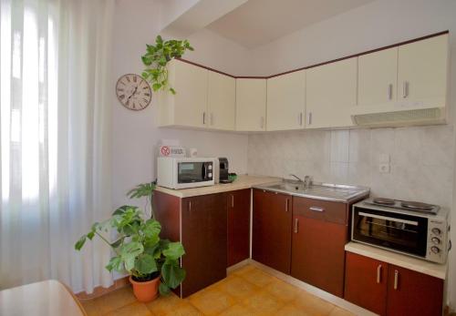 een kleine keuken met een wastafel en een magnetron bij E&E Home Sweet Home in Tirana