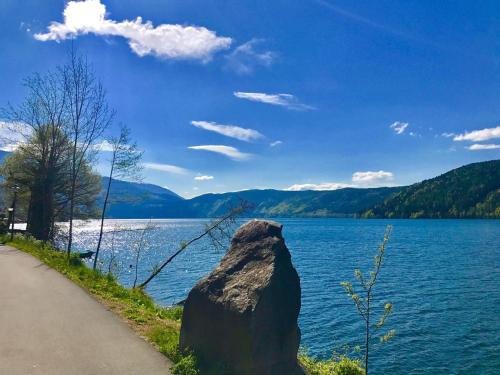 a large rock sitting on the side of a lake at 3Traumhaftes Ferienhaus in bester Lage in Döbriach