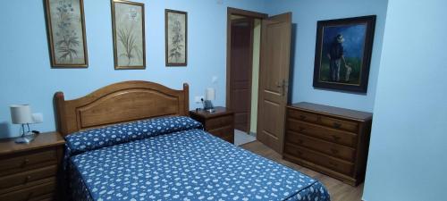 1 dormitorio con cama y pared azul en Bruma, en Barreiros