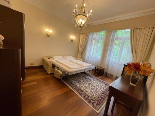 a bedroom with a bed in a room with a window at Apartma Premium in Karlovy Vary